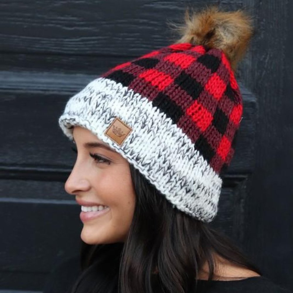 JUST FOR WARMTH BUFFALO PLAID BEANIE-RED - Picture 3 of 5